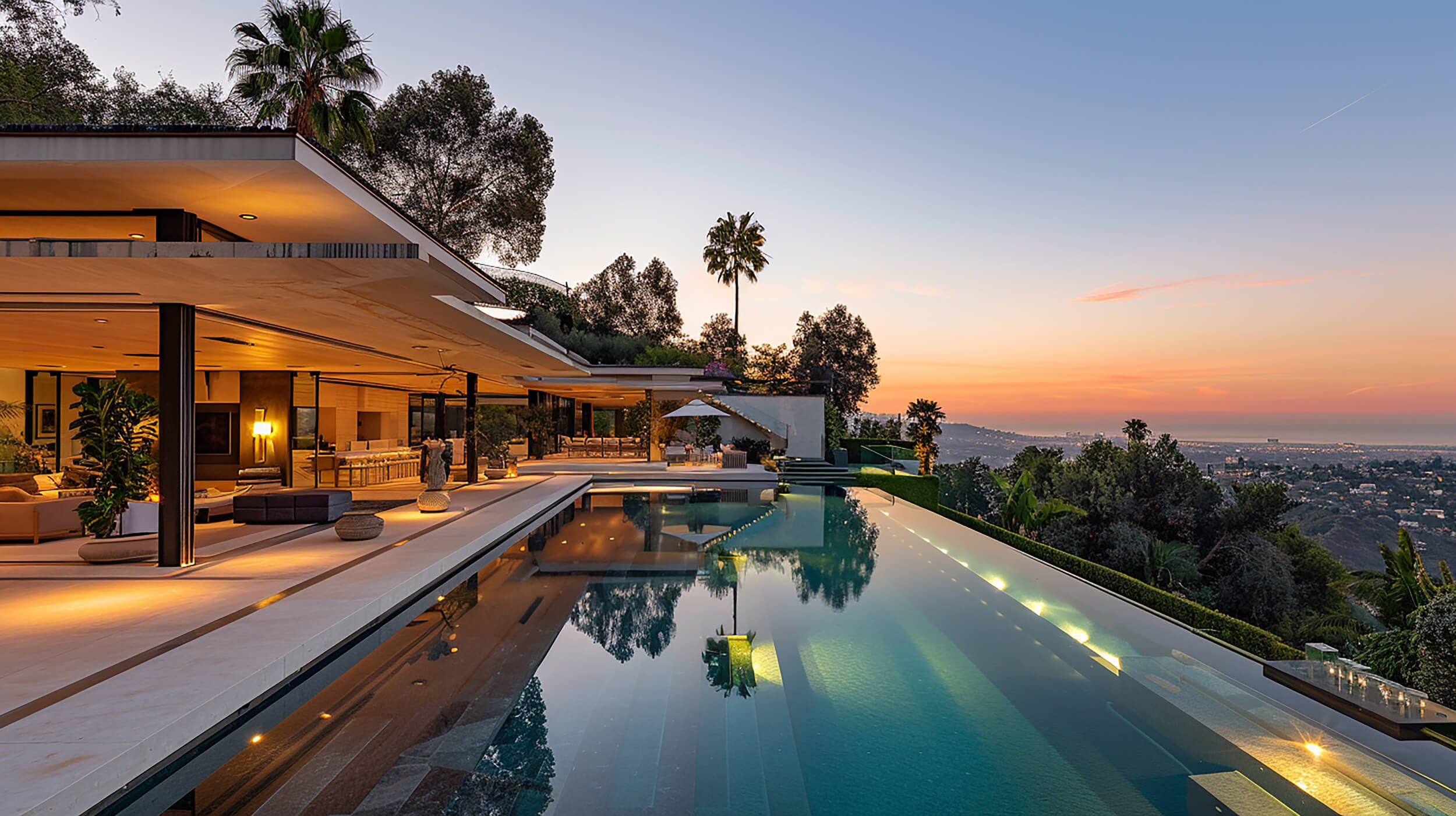 Pool with house Palm trees background